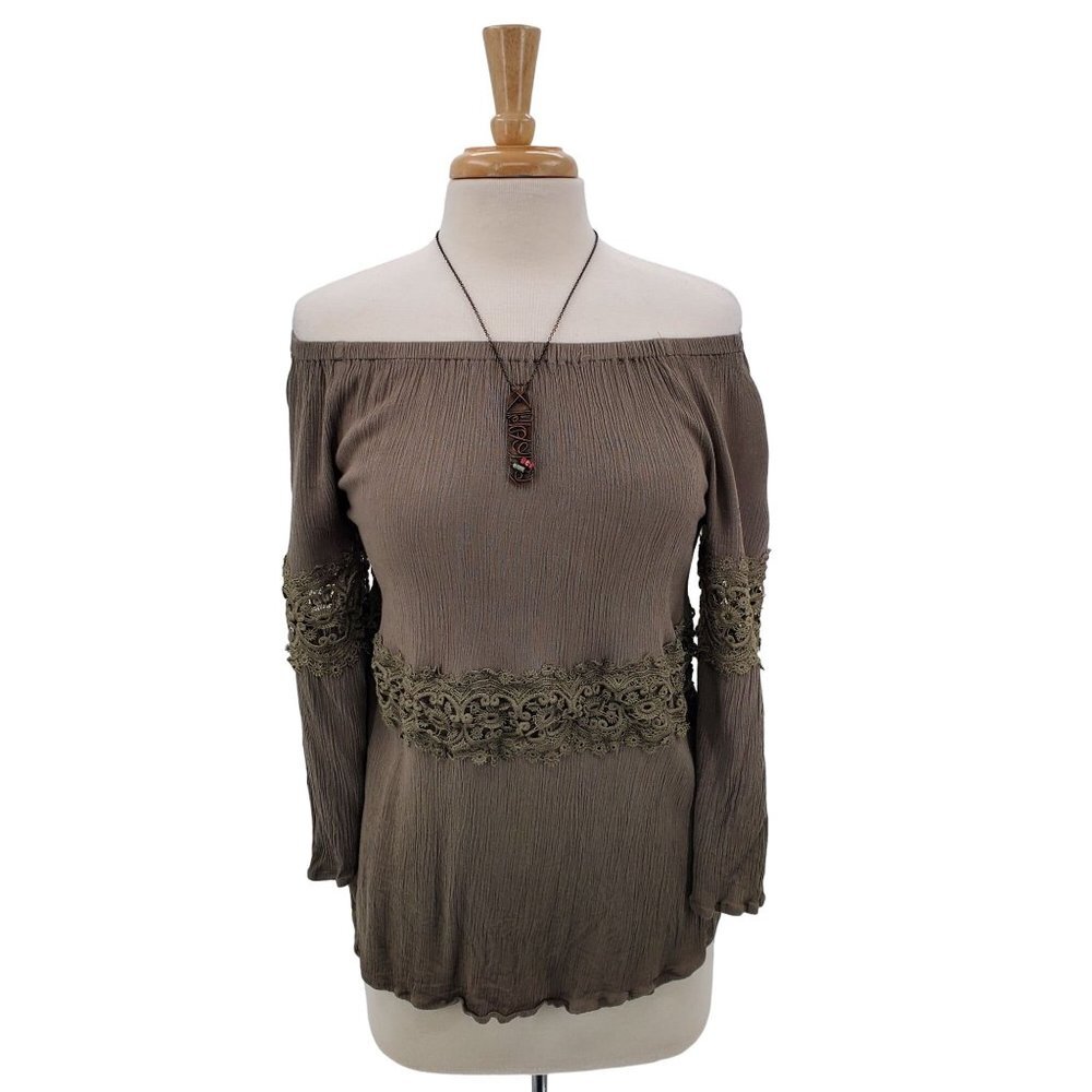 Umgee Womens Off The Shoulder Boho Top Size M Olive Green Embroidered 3/4 Sleeve